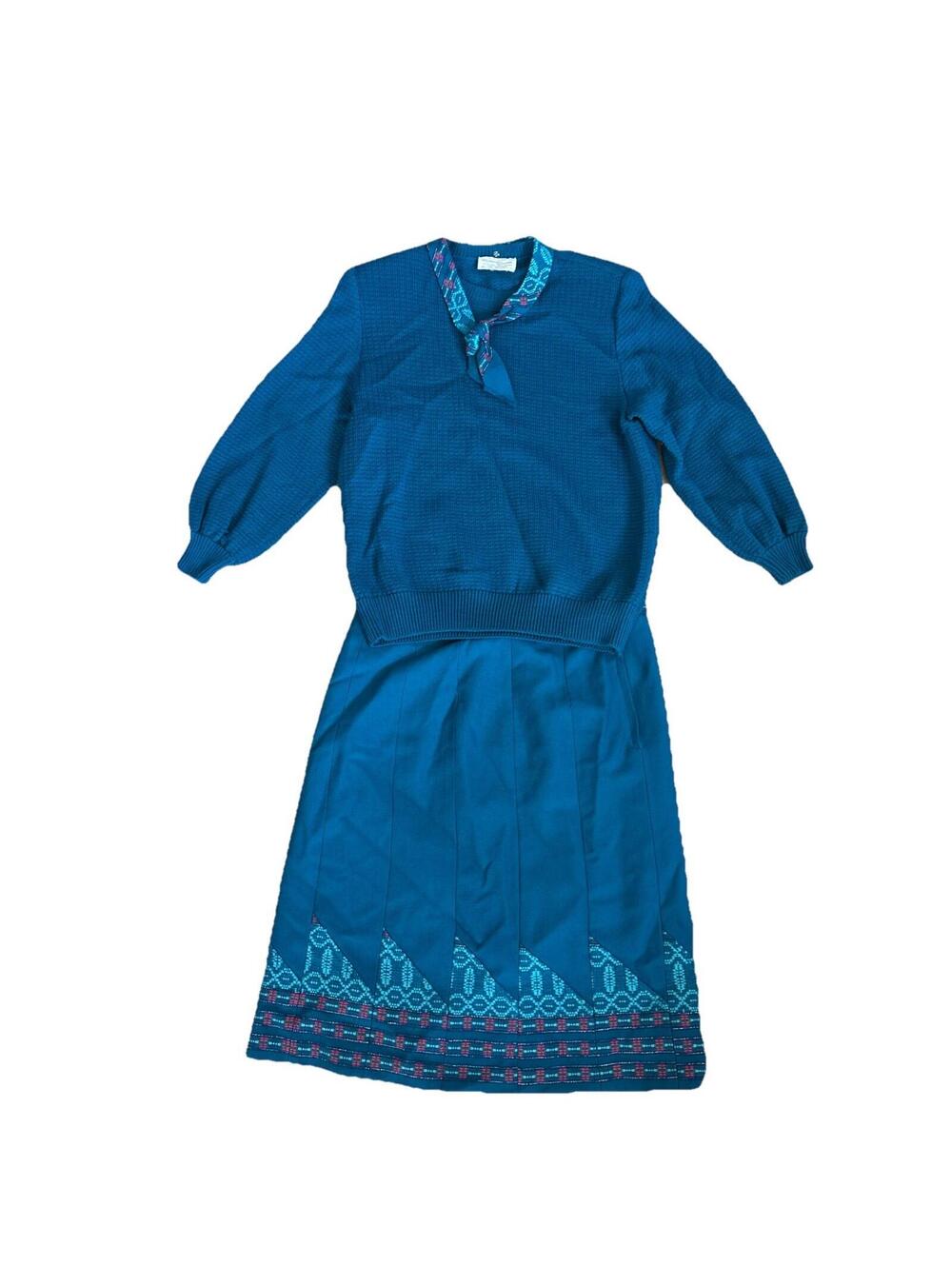 madawaska weavers Hand Woven Wool Skirt Sweater Set Blue Les Tisserands Canada